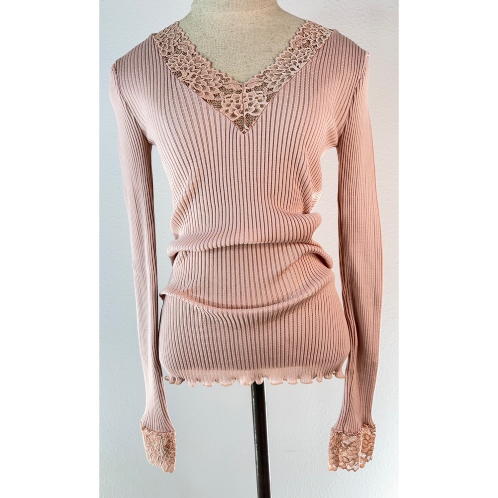 EGI‎ Microwool Ribbed Knit Lace Trim Top Pink Long Sleeve Base Layer Preppy L/XL